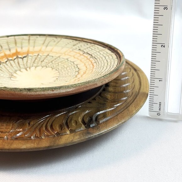Handmade Hungarian Clay Bowl & Carved Wood Dish Set Authentic Juried Folk Art - Picture 9 of 9